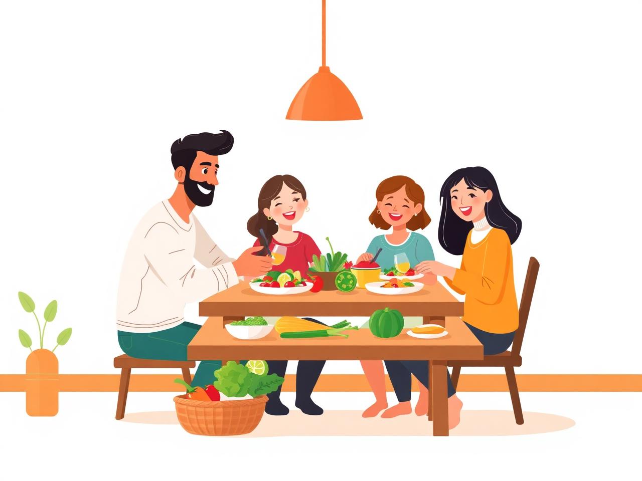 Family enjoying an affordable home-cooked meal together